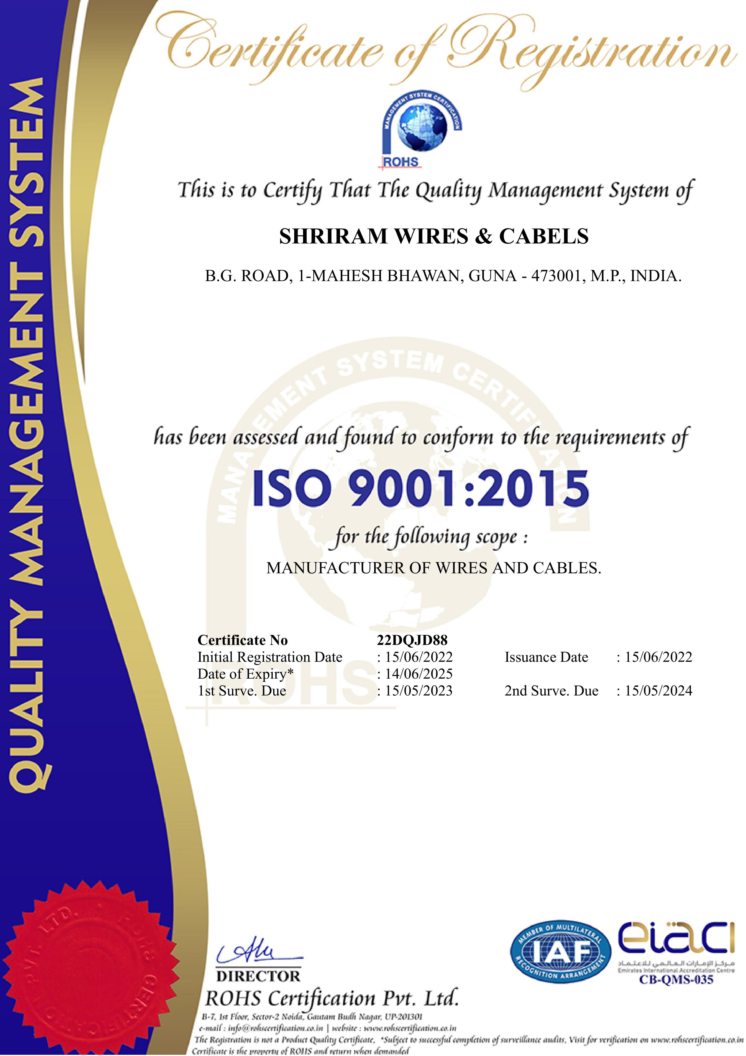 SR Kabels ISO 9001 Certificate